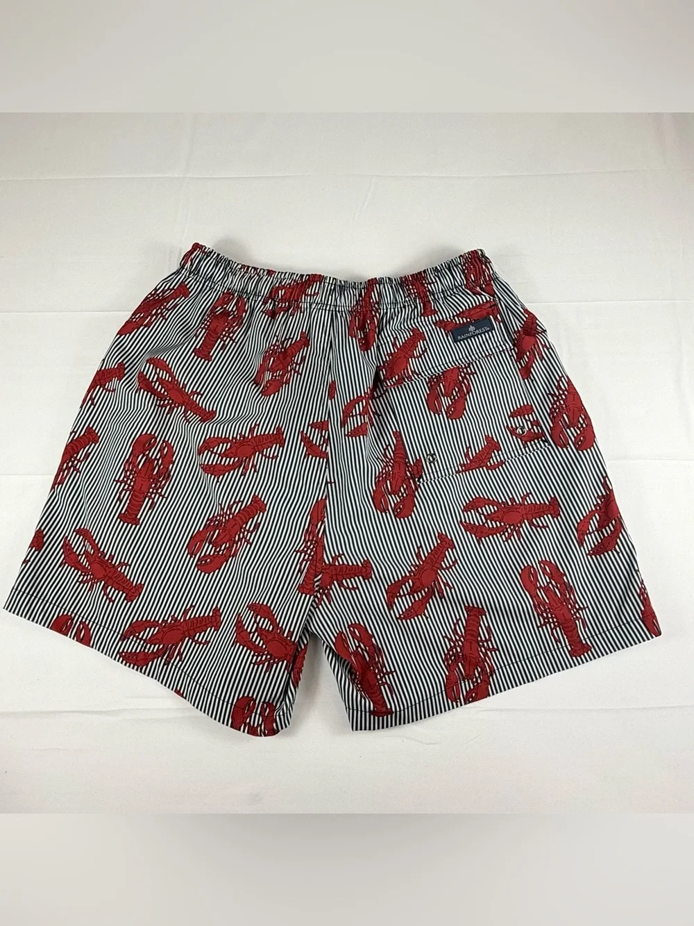 RAINFOREST Men's Red Lobster Print Swim Trunks on Navy Stripe